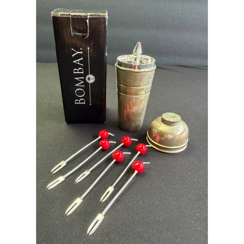 Vintage Bombay Silver Mini Cocktail Shaker Cherry Cocktail‎ Sticks Picks Jigger